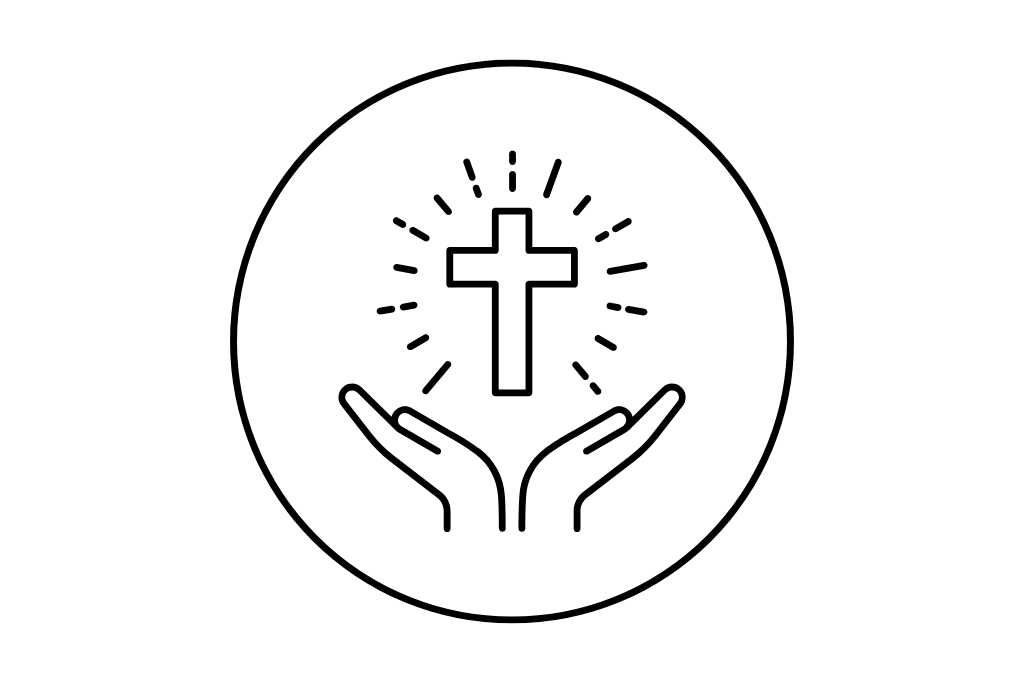 Seeking inner peace through prayer and faith icon Icon of hands holding up an illuminated cross with light rays, representing prayers for peace and faith.